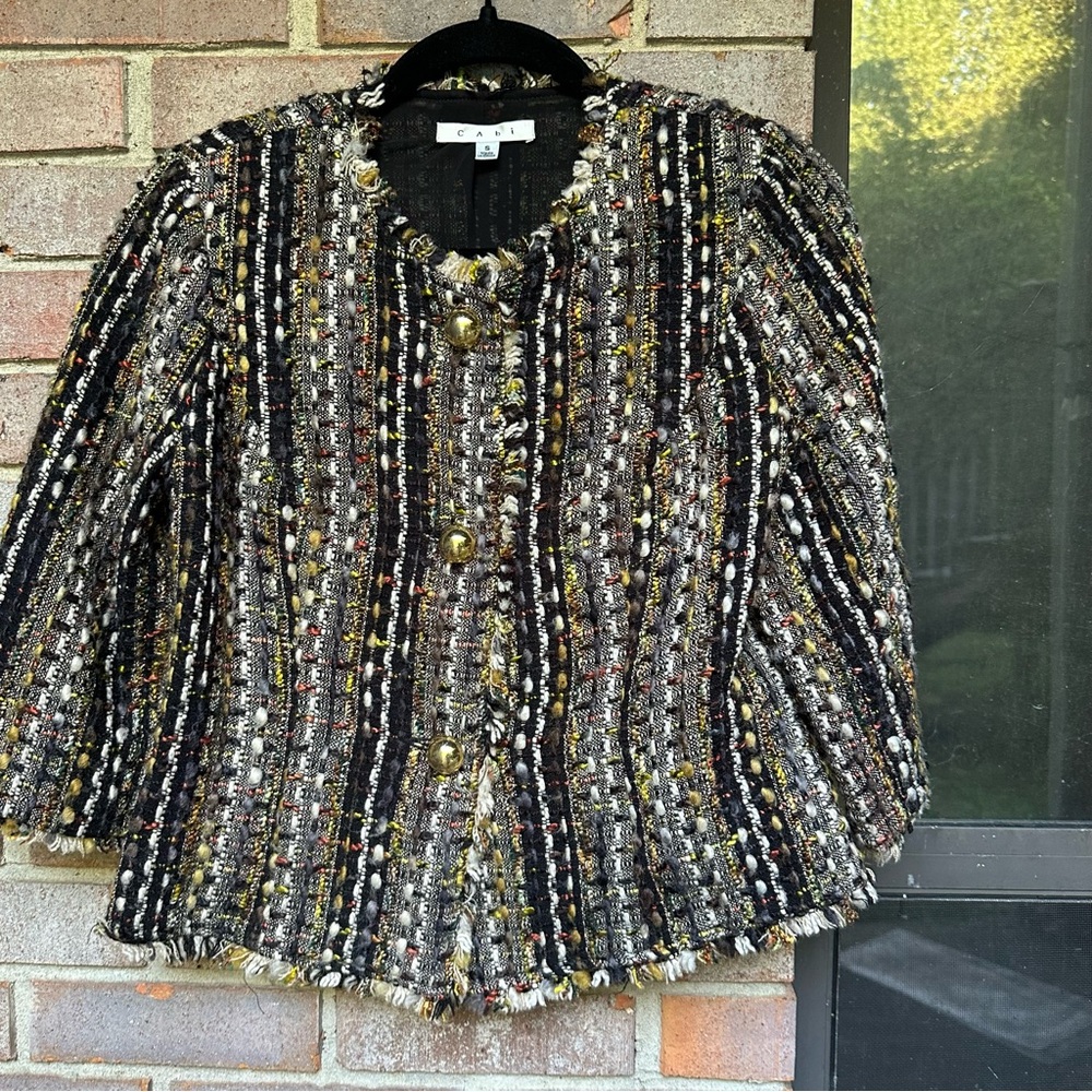 Cabi Paris Wool Blend Boucle Tweed Fringe Blazer Jacket Womens Brown S Boho